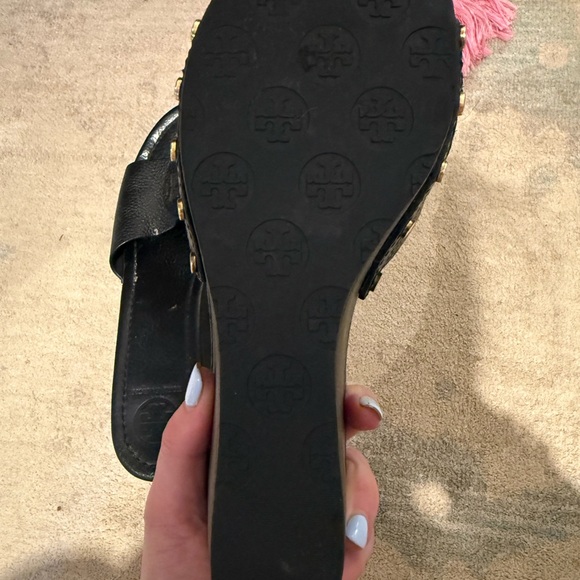 Tory Burch Black Leather Patti Wedge Sandals - Picture 6 of 7